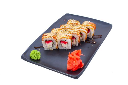 Japanese Cuisine - Sushi Roll with Shrimps and Conger, Avocado, Tobiko and Cheese. sushi rolls tempura,japanese food style