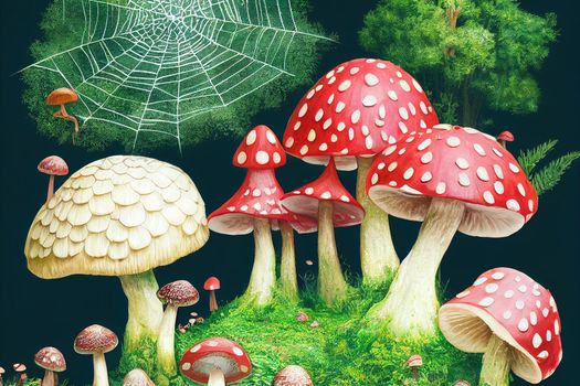 A magical forest, garden landscape with a cute fantasy mushroom house, a spider web with a spider, leaves and plants