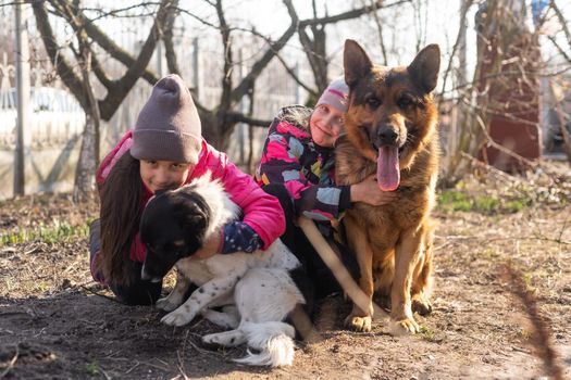 two little girls with a german shepherd.