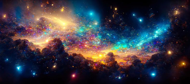 abstract illustration of the cosmos on the theme of the origin of life in the universe with stars, comets and nebulae.