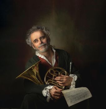 portrait person french horn Homage to a painting by Louis Gabriel Blanchet horn ancient musical metal instrument popular classical brass music instrument beloved children adults amateurs professionals High quality photo