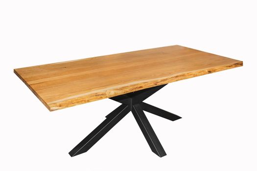 wooden lacquered table with black metal legs on white background standing at an angle of 45 degrees