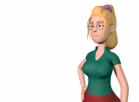 A light-skinned girl in glasses, a red skirt, a green shirt and yellow boots stands relaxed against a white background. With space for text 3d-rendering.