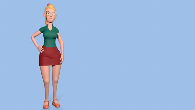 A light-skinned girl in glasses, a red skirt, a green shirt and yellow boots stands relaxed against a blue background. With space for text 3d-rendering.