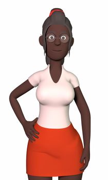 a dark-skinned girl in glasses, a red skirt, a green shirt and yellow shoes stands relaxed on a white background 3d-rendering.