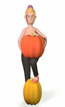 naked girl in black pants stands with a pumpkin covering her breasts on a white background 3d-rendering.