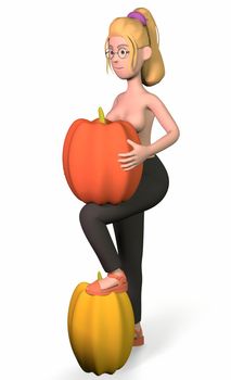 naked girl in black pants stands with a pumpkin covering her breasts on a white background 3d-rendering.