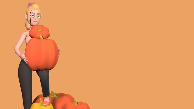 a naked girl in black pants stands with a pumpkin covering her breasts on an orange background. With space for text 3d-rendering.