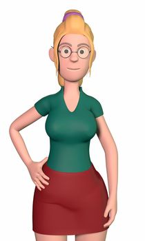 A light-skinned girl in glasses, a red skirt, a green shirt and yellow boots stands relaxed against a white background 3d-rendering.