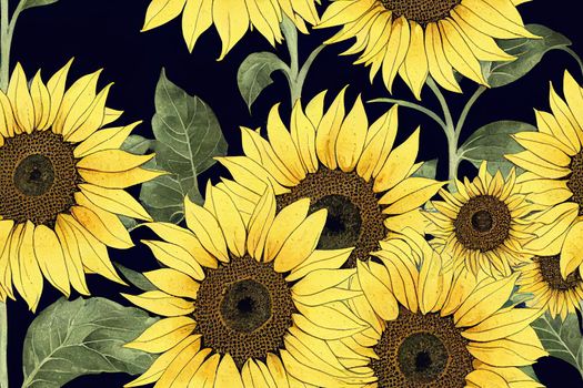 Watercolor sunflowers summer vintage seamless pattern. Natural yellow floral texture on black background.