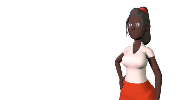 a dark-skinned girl in glasses, a red skirt, a green shirt and yellow shoes stands relaxed on a white background With a place for text 3d-rendering.