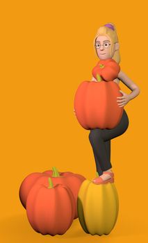 a naked girl in black pants stands with a pumpkin covering her breasts on an orange background 3d-rendering.