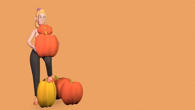 a naked girl in black pants stands with a pumpkin covering her breasts on an orange background. With space for text 3d-rendering.