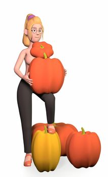 naked girl in black pants stands with a pumpkin covering her breasts on a white background 3d-rendering.