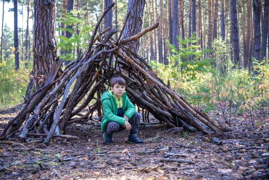 In the spring or autumn in the pine forest the boy plays he built a hut of sticks.