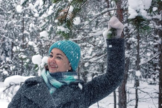 Portrait of a happy woman, in a blue hat and coat, in a winter snowy forest, shakes off snow from a pine branch