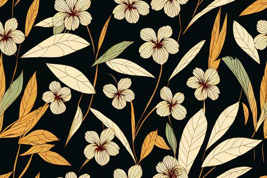 Ethnic exotic tropical vintage flowers and folkloric abstract leaves. Seamless motif pattern illustration. Fabric texture composed by peony ,plants, branches abstract. Black background.