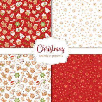 Set of seamless Christmas patterns with snowflakes and different gingerbread cookies on a red and white background. Vector illustration.