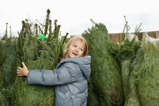 Small girl chooses a Christmas tree in the shop.