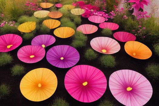 A colorful grouping of garden containers incorporating fuchsia mandevilla, ornamental fountain grass, petunias and mexican feather grass
