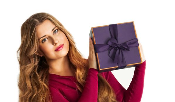 Birthday, Christmas or holiday present, happy woman holding a purple gift or luxury beauty box subscription delivery isolated on white background, portrait