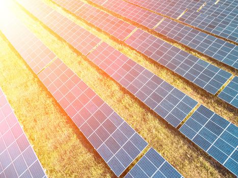 Aerial top view of a solar panels power plant. Photovoltaic solar panels at sunrise and sunset in countryside from above. Modern technology, climate care, earth saving, renewable energy concept