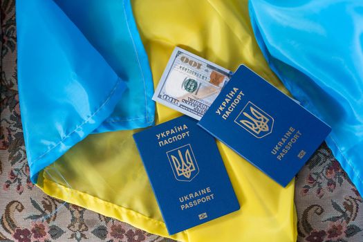 Ukrainian passport on a blue-yellow flag. Dollars on the Ukrainian flag.