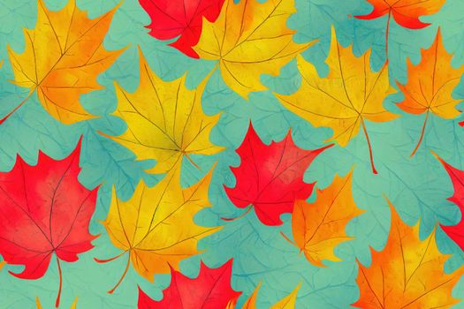 Seamless pattern cute hedgehog with chanterelle mushrooms. Painted oak and maple leaves. Illustration of an animal surrounded by leaves. Autumn forest story for children. Handmade watercolor for print
