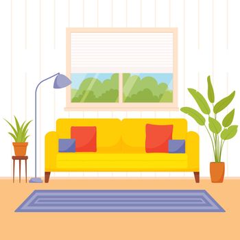 Living room interior. Vector illustration in a flat style. Sofa, window, plants and floor lamp