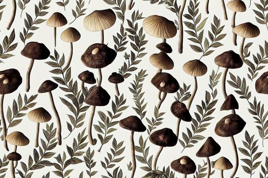 Seamless pattern of forest elements. Mushrooms, leaves and branches. High quality illustration