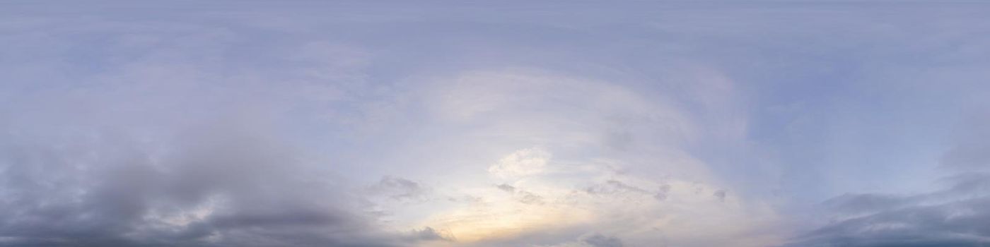 Sky panorama on overcast rainy day with low clouds in seamless spherical equirectangular format. Complete zenith for use in 3D graphics, game and for aerial drone 360 degree panorama as a sky dome.