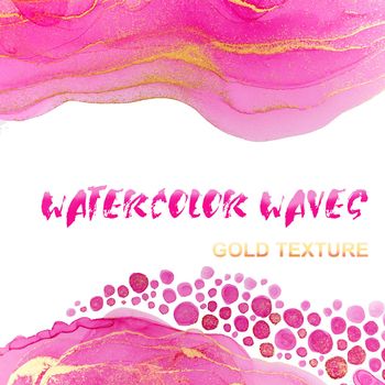 Watercolor pink waves, swirls and drops with golden layers.