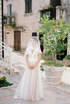 Bride in a veil stands near a tub with a tree in the courtyard of an old house. High quality photo