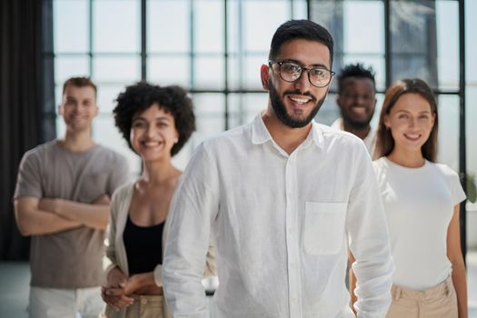 Successful company with happy workers. employees group team portrait