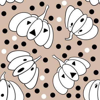 Hand drawn seamless Halloween pattern with cute funny pumpkins polka dot background. Retro 60s 70s beige vintage design, cartoon jack o lantern graphic fabric print