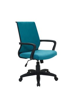blue office fabric armchair on wheels isolated on white background, side view. modern furniture, interior, home design