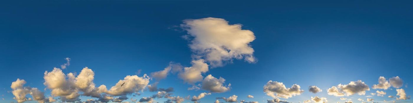 Sky panorama with Cirrus clouds in Seamless spherical equirectangular format. Full zenith for use in 3D graphics, game and editing aerial drone 360 degree panoramas for sky replacement