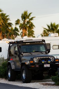 Motorhomes at the campground on South Padre Island, TX.