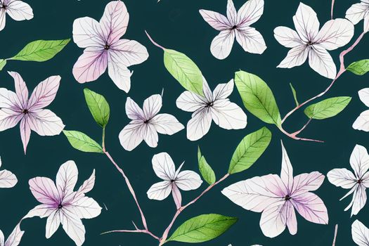 Seamless pattern of small wild pink and violet flowers and branches on a deep green background. Watercolor 5