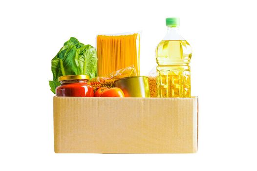 Foodstuffs in donation box for volunteer to help people.