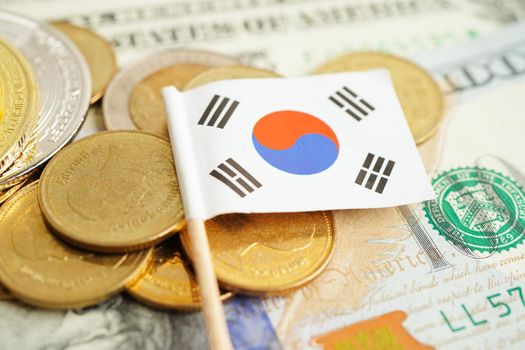Stack of coins money with South Korea flag, finance banking concept