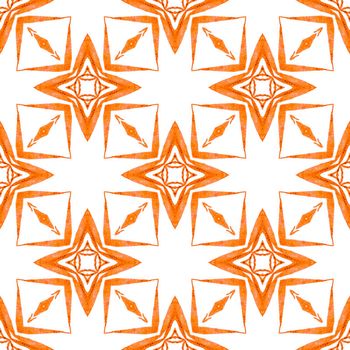 Textile ready fine print, swimwear fabric, wallpaper, wrapping. Orange appealing boho chic summer design. Ikat repeating swimwear design. Watercolor ikat repeating tile border.