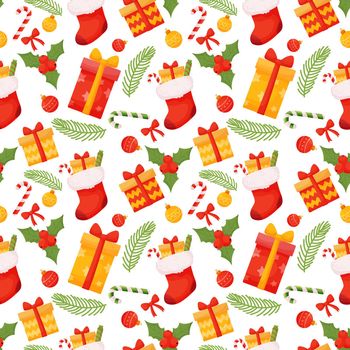 Seamless christmas pattern. Christmas sock, candy gifts fir branches and decorations on a white background. Vector illustration