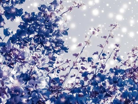 Magical, branding and festive concept - Christmas, New Years purple floral nature background, holiday card design, flower tree and snow glitter as winter season sale backdrop for luxury beauty brand