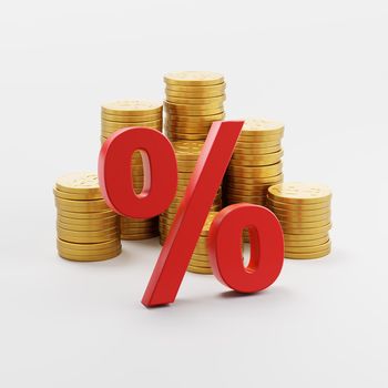 Red Percent Sign ahead of Stacks of Golden Coins on Light Gray Background 3D Render Illustration