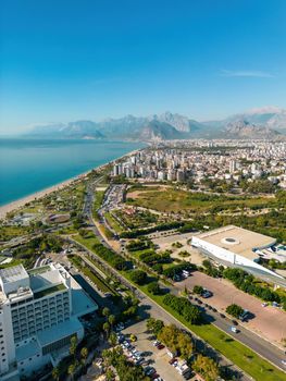 Aerial drone photo of Antalya Konyaalti beach and cliffs. Selective focus