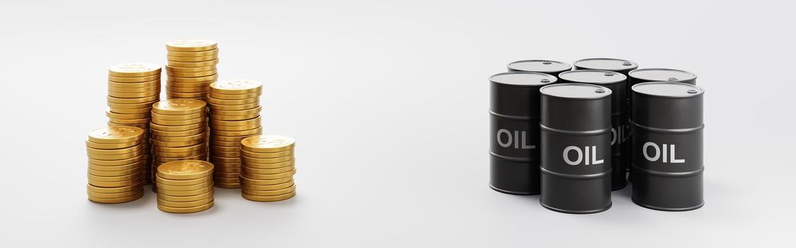 Heaps of Golden Dollar Coins and Oil Barrels on Light Gray Background 3D Render Illustration