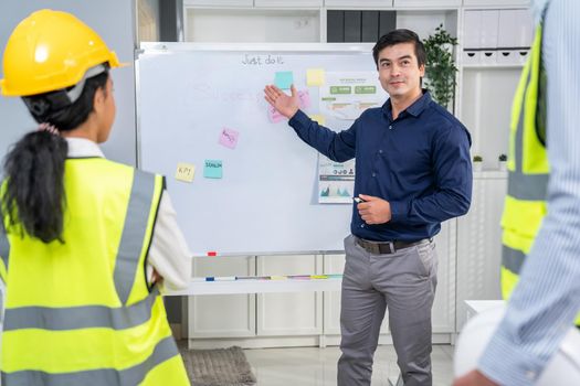 Entrepreneur brainstorming ideas with his competent engineers in the office. Architectural investors and engineers working on an upcoming project in a fun and friendly environment.