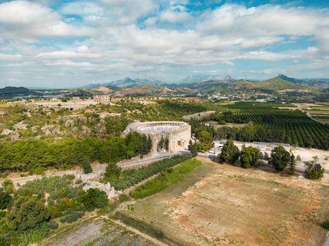 Aerial view of Roman amphitheater of Aspendos, Belkiz - Antalya, Turkey