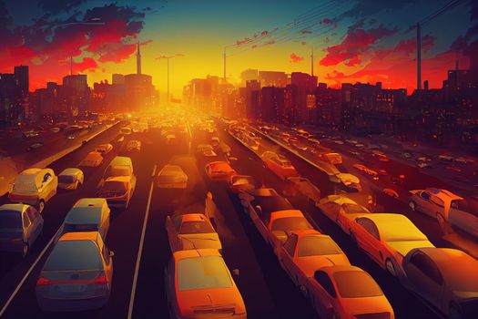 cartoon drawing Car traffic pollution traffic jam in the morning and evening in the capital city of Bucharest Romania , Anime style